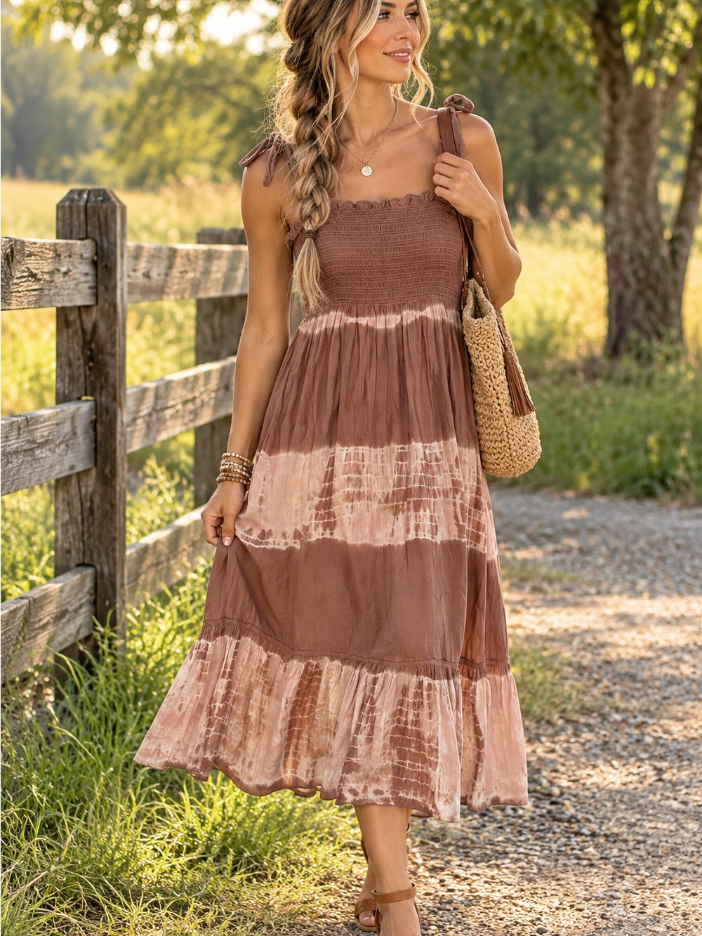 Bila Brown and Cream Tie-Dye Maxi Dress with Smocked Bodice